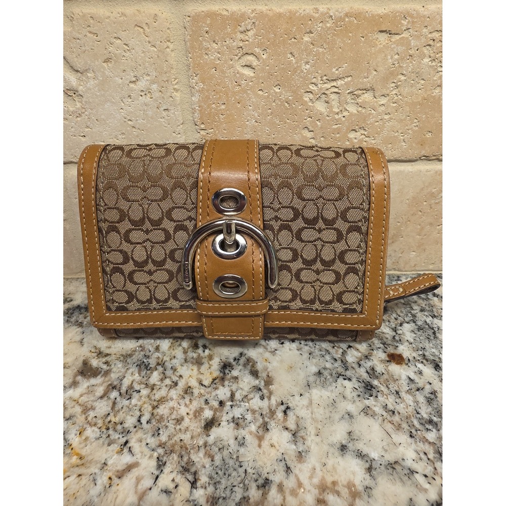 Coach BeigeBrown Signature Canvas and Leather Buckle Detail Continental Wallet
